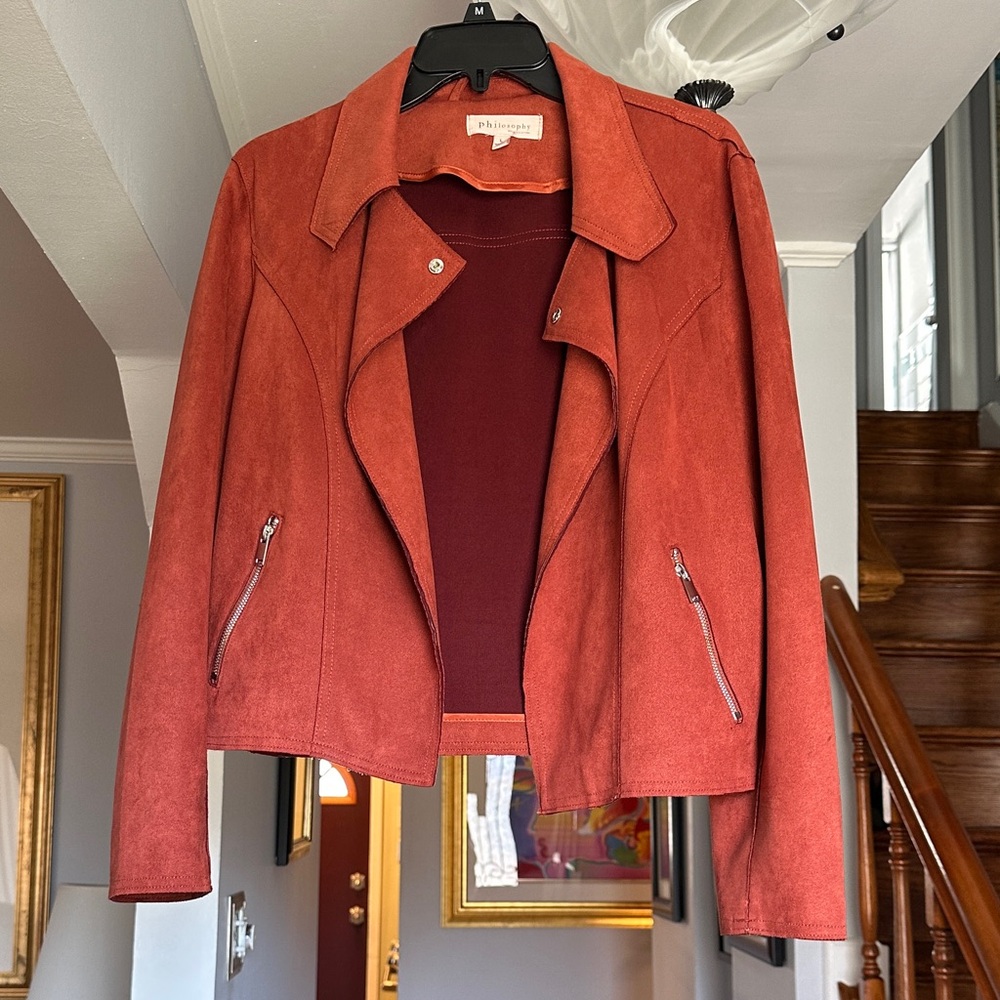 🎤 Philosophy Faux Suede Rust Orange Motocross Bikercore Rocker Jacket Sz L